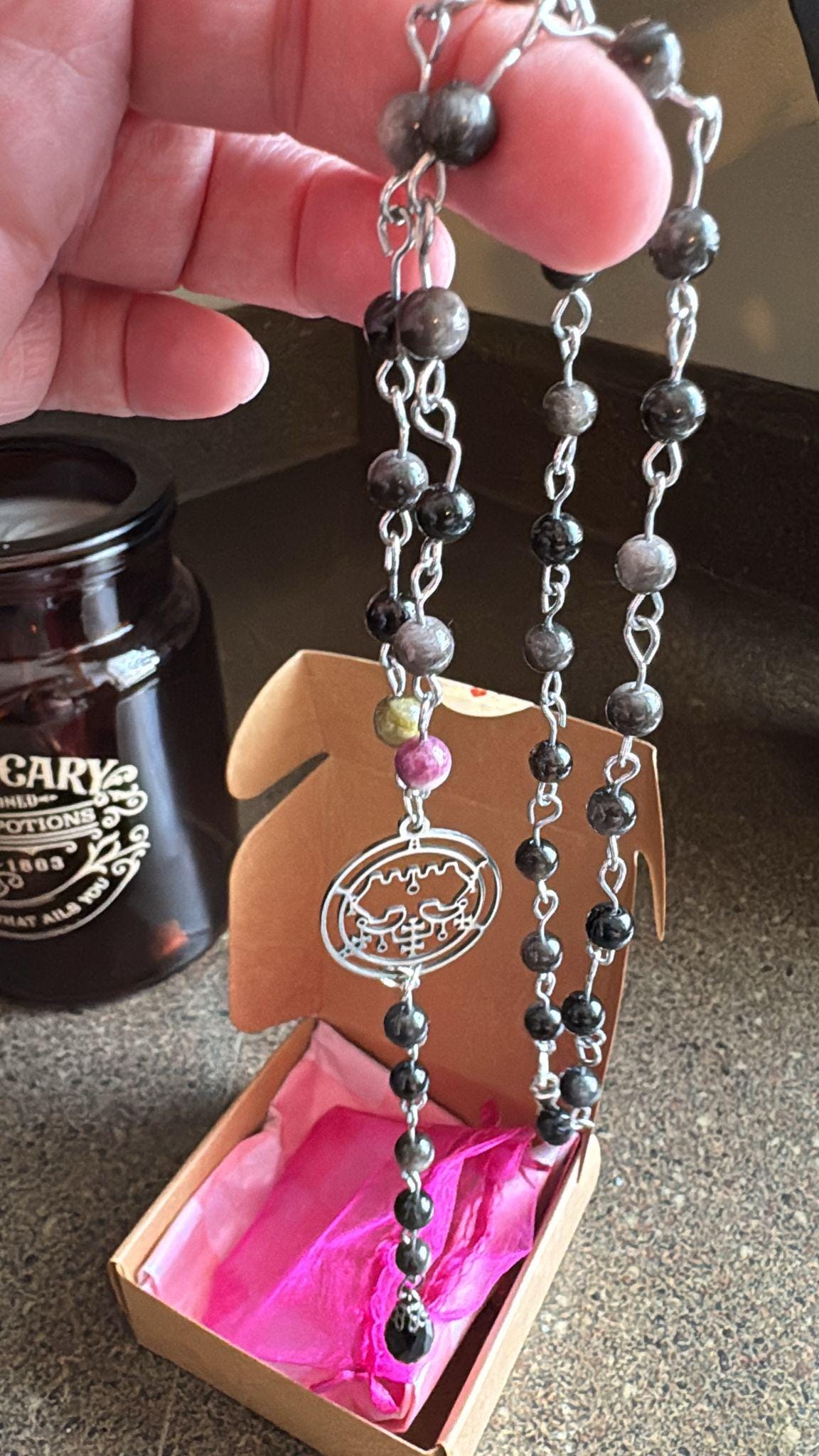 Custom Devotional Rosary: Channeled Gemstone Beads, Antique Tibetan Silver Charms