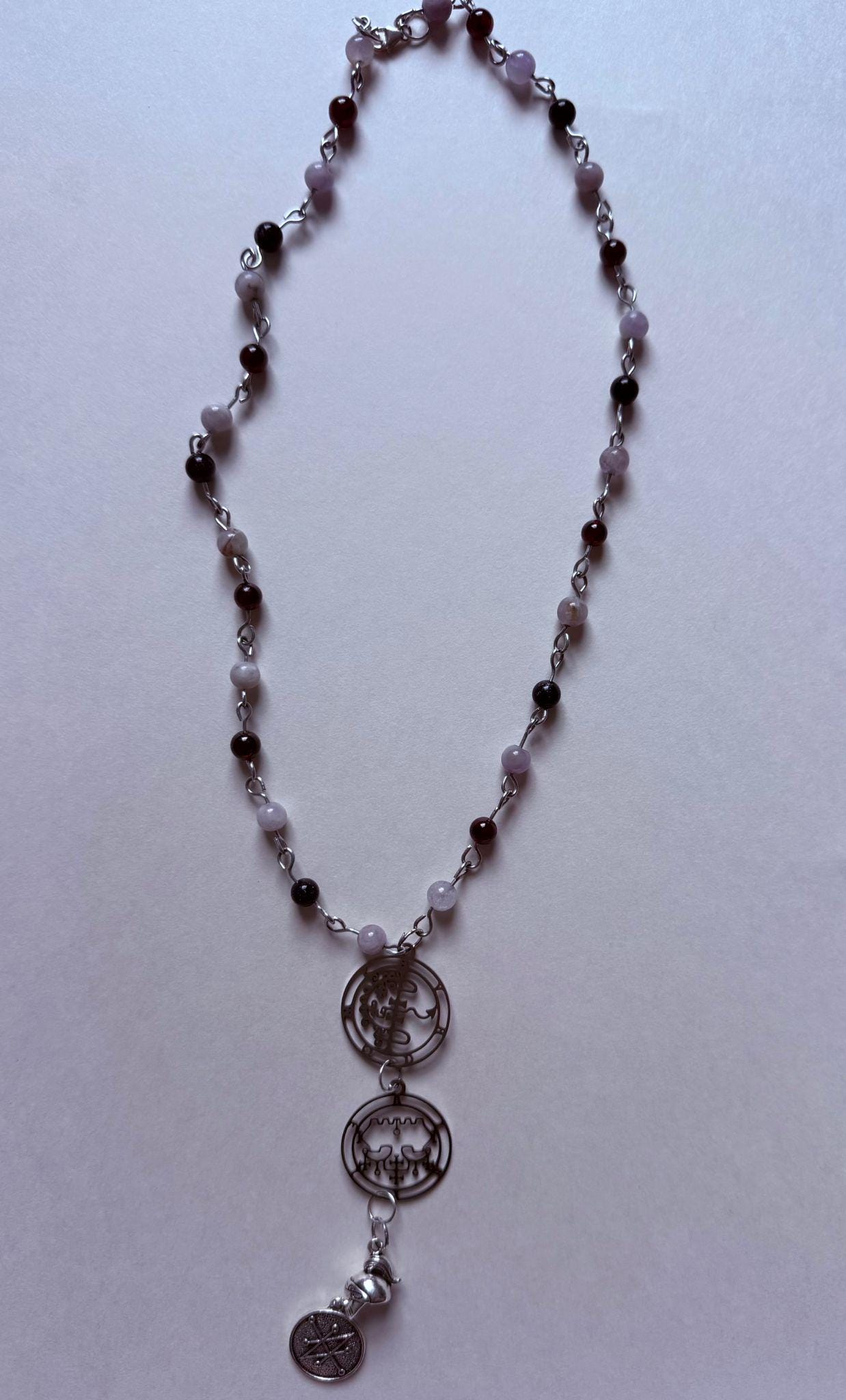 Custom Devotional Rosary: Channeled Gemstone Beads, Antique Tibetan Silver Charms